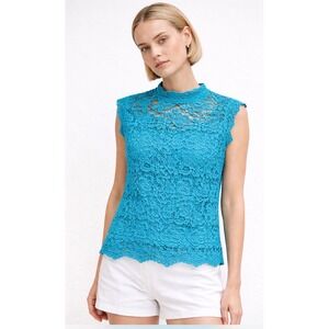 Nanette Lepore Turquoise Blue Floral Guipure Lace Mock Neck Sleeveless Blouse S